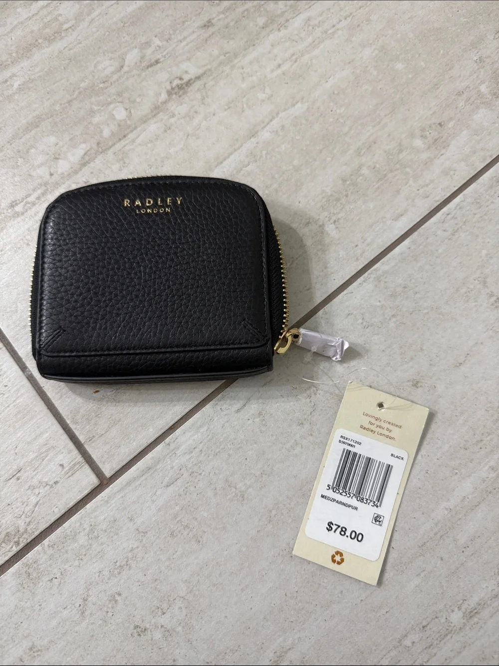 RADLEY LONDON Black Pebbled Zip Coin Wallet with Gold Hardware ..nwt